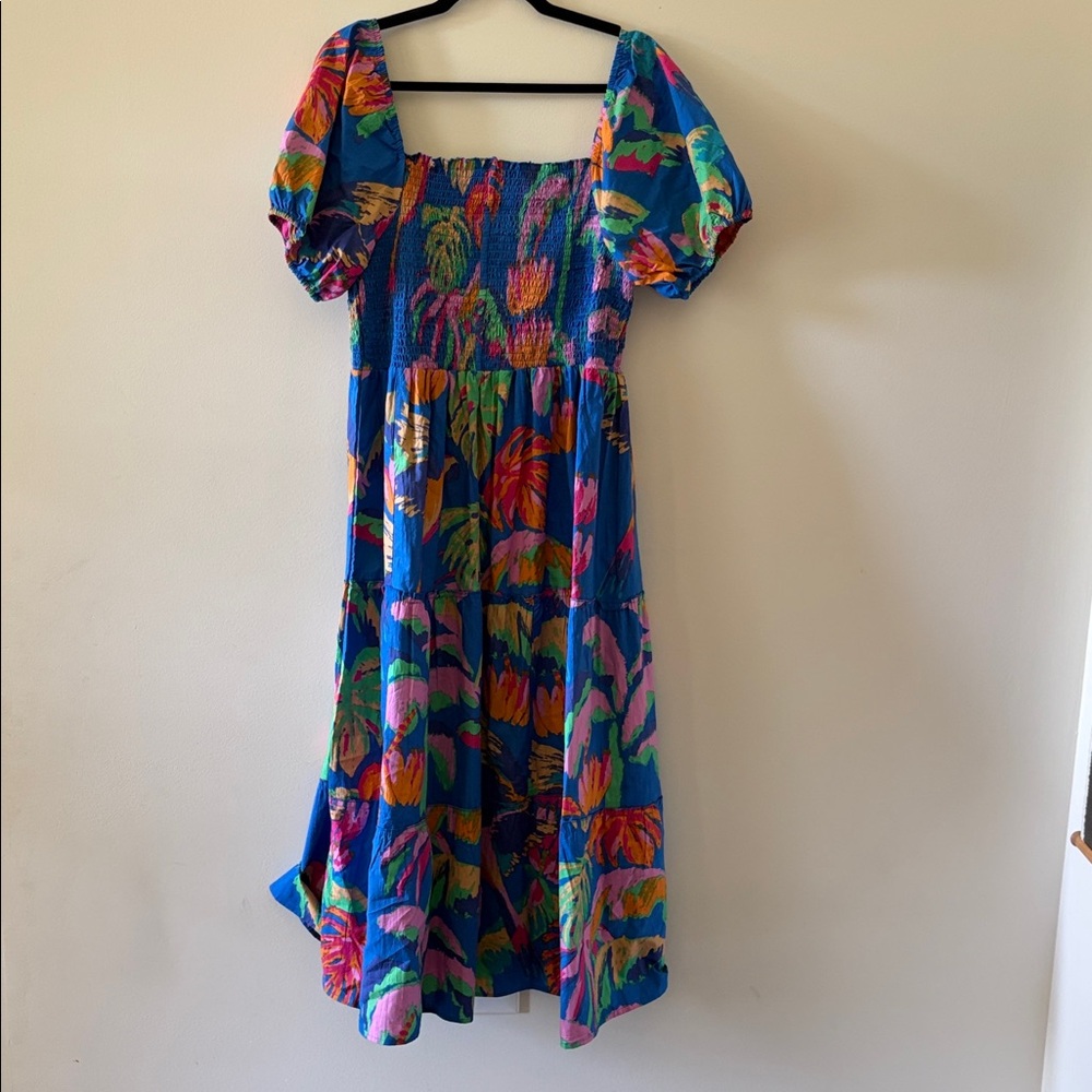 Blue Tropical Print Smocked Maxi Dress SZ PXL - Picture 7 of 7